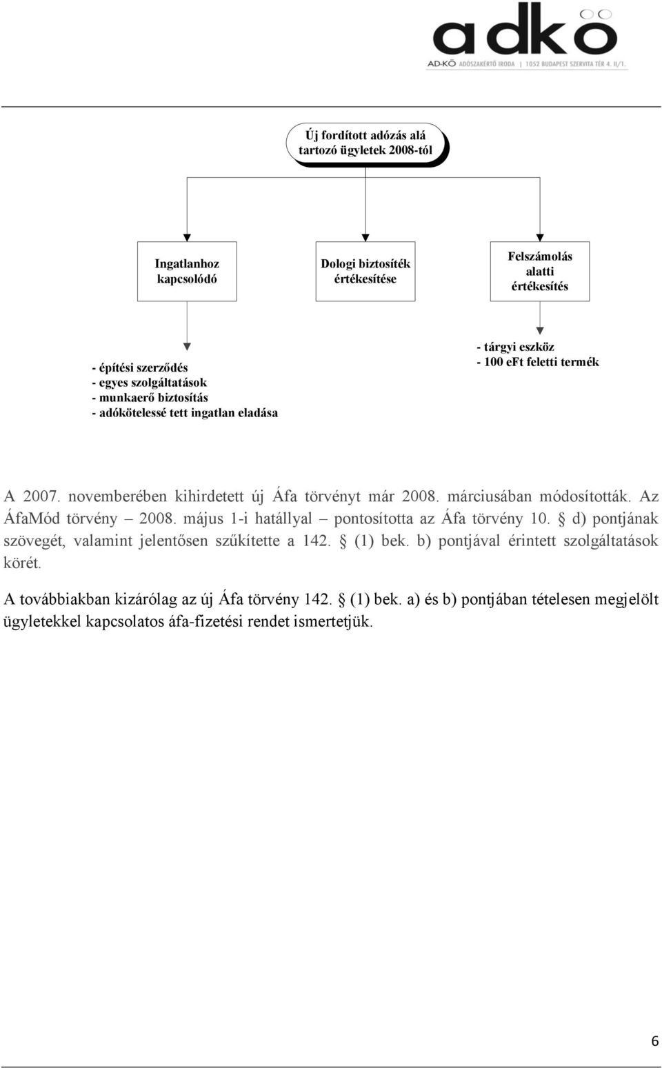 márciusában módosították. Az ÁfaMód törvény 2008. május 1-i hatállyal pontosította az Áfa törvény 10. d) pontjának szövegét, valamint jelentősen szűkítette a 142. (1) bek.