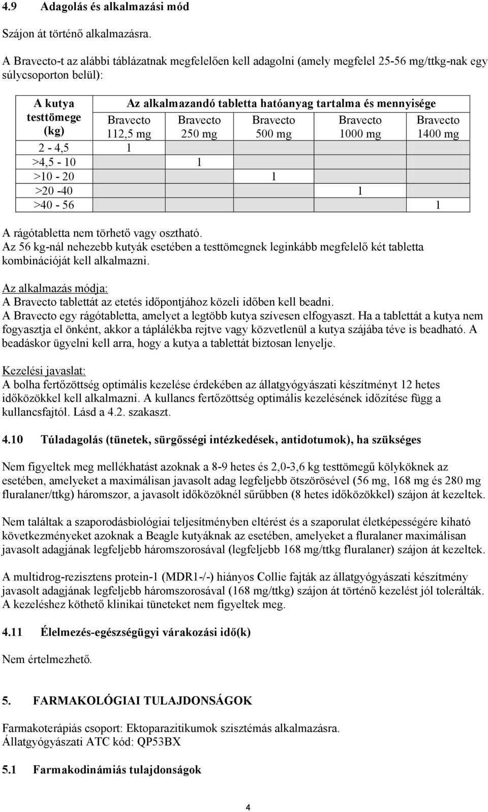 Bravecto Bravecto Bravecto Bravecto Bravecto (kg) 112,5 mg 250 mg 500 mg 1000 mg 1400 mg 2-4,5 1 >4,5-10 1 >10-20 1 >20-40 1 >40-56 1 A rágótabletta nem törhető vagy osztható.