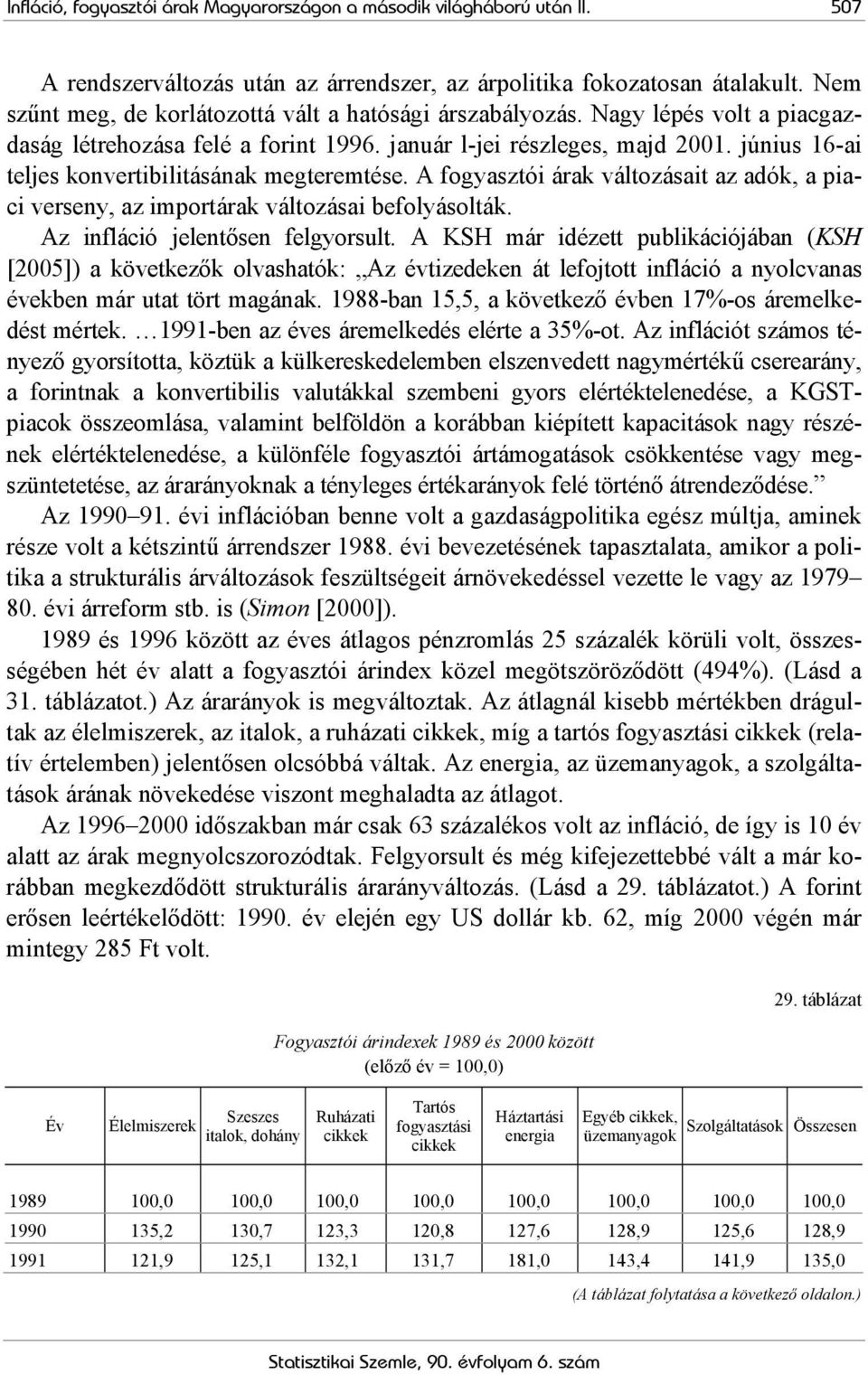 június 16-ai teljes konvertibilitásának megteremtése. A fogyasztói árak változásait az adók, a piaci verseny, az importárak változásai befolyásolták. Az infláció jelentősen felgyorsult.