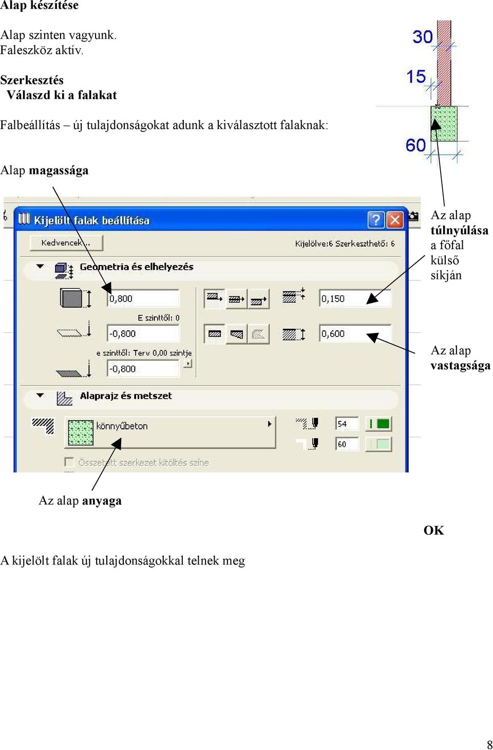 kiválasztott falaknak: Alap magassága Az alap túlnyúlása a főfal külső