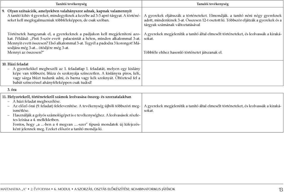 Például: Pisti 5-ször evett palacsintát a héten, minden alkalommal 3-at. Mennyit evett összesen? Első alkalommal 3-at. Tegyél a padodra 3 korongot! Másodjára még 3-at... ötödjére még 3-at.