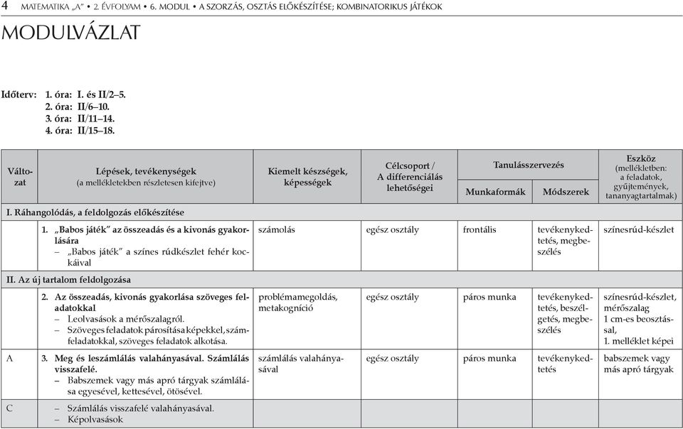 Babos játék az összeadás és a kivonás gyakorlására Babos játék a színes rúdkészlet fehér kockáival II. Az új tartalom feldolgozása A C 2.