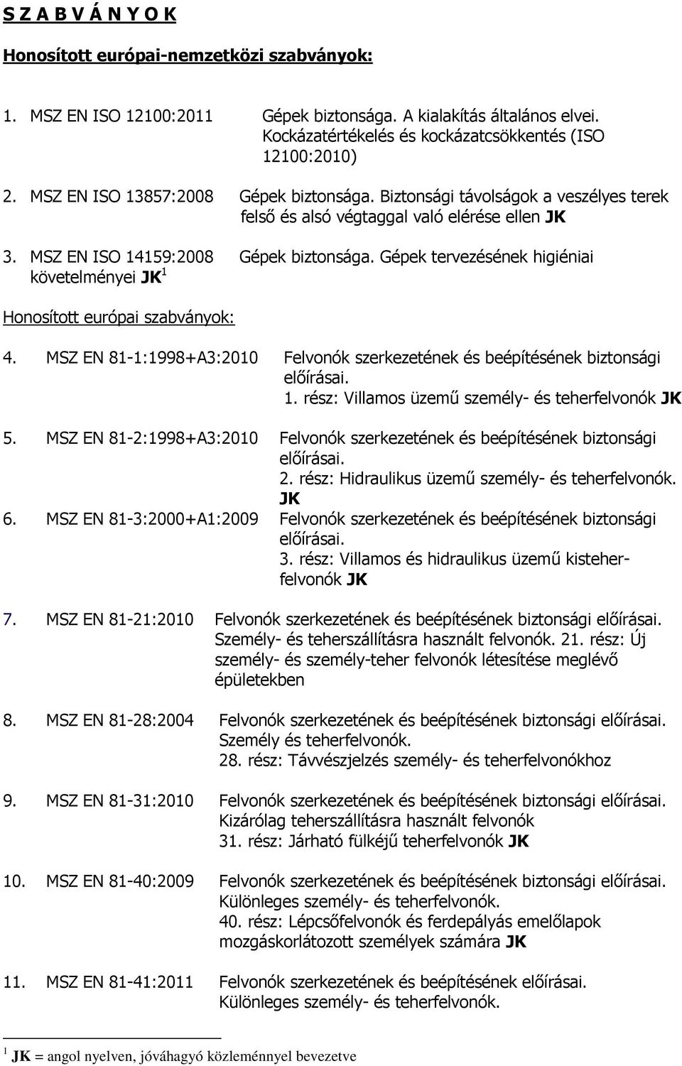 Gépek tervezésének higiéniai követelményei JK 1 Honosított európai szabványok: 4. MSZ EN 81-1:1998+A3:2010 Felvonók szerkezetének és beépítésének biztonsági 1.