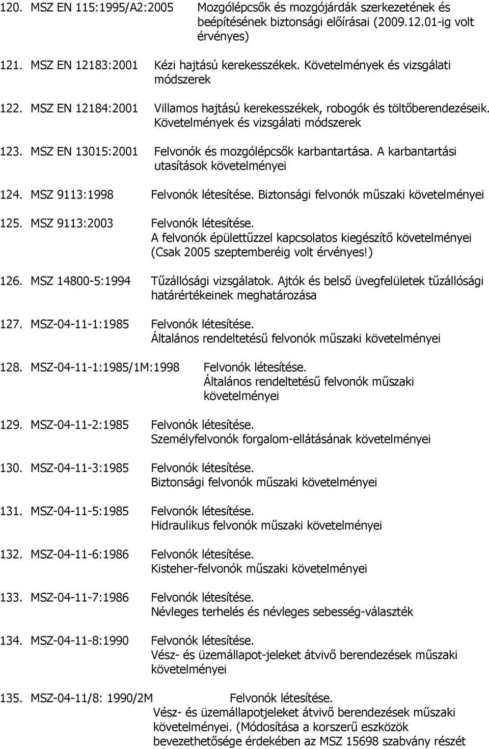 MSZ EN 13015:2001 Felvonók és mozgólépcsık karbantartása. A karbantartási utasítások követelményei 124. MSZ 9113:1998 Felvonók létesítése. Biztonsági felvonók mőszaki követelményei 125.