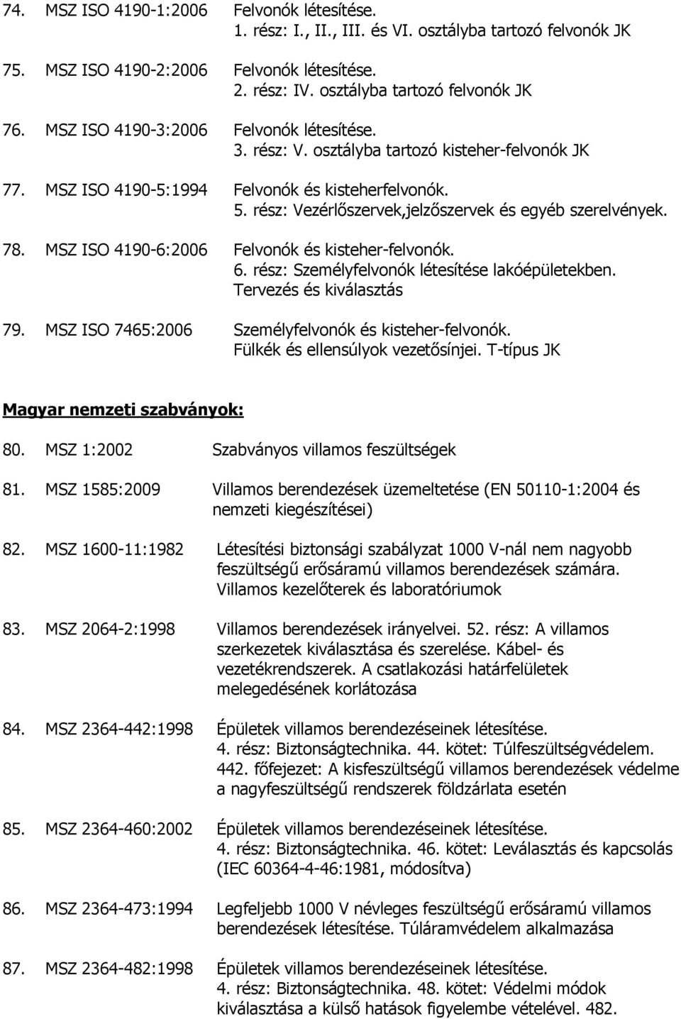 rész: Vezérlıszervek,jelzıszervek és egyéb szerelvények. 78. MSZ ISO 4190-6:2006 Felvonók és kisteher-felvonók. 6. rész: Személyfelvonók létesítése lakóépületekben. Tervezés és kiválasztás 79.