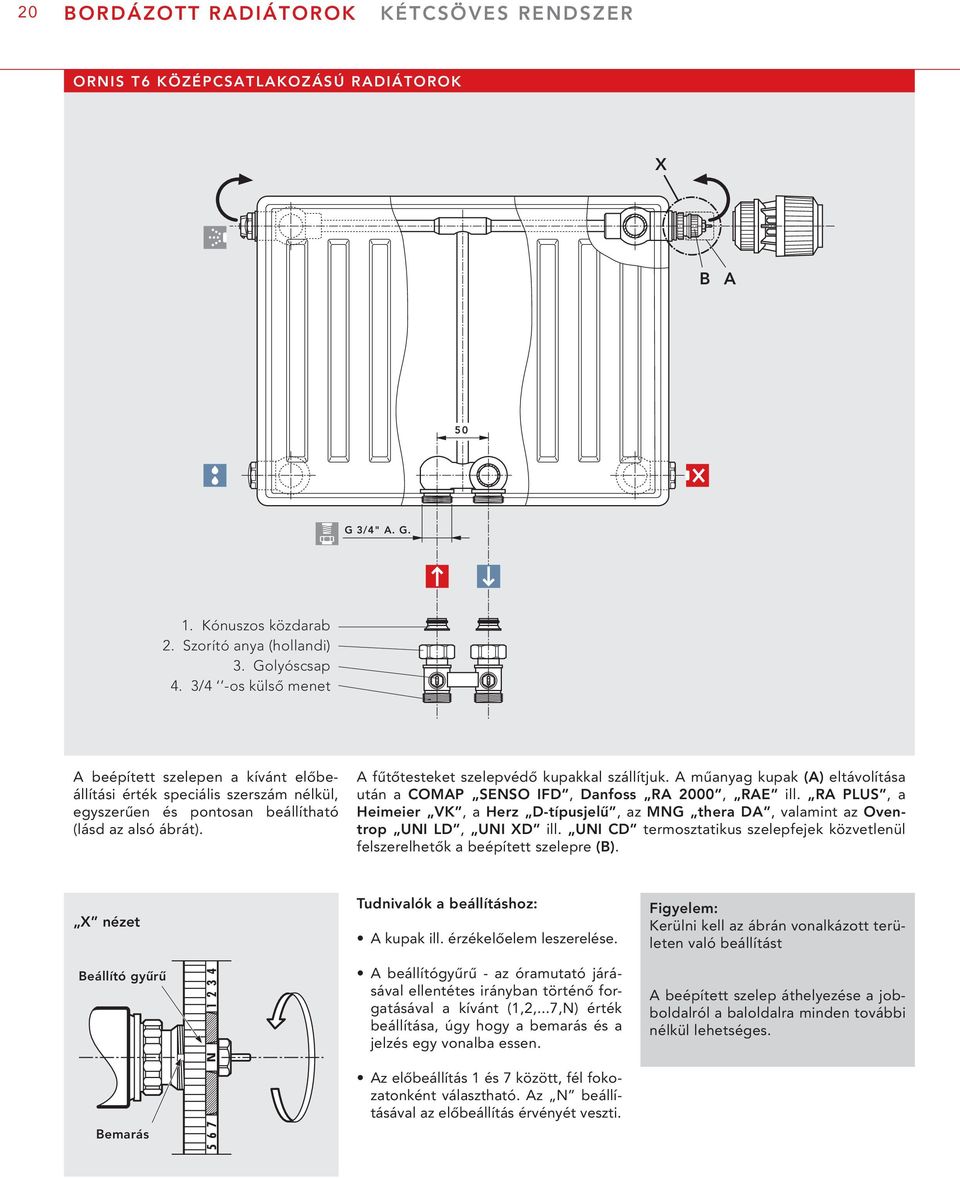 A műanyag kupak (A) eltávolítása után a COMAP SENSO IFD, Danfoss RA 2000, RAE ill. RA PLUS, a Heimeier VK, a Herz D-típusjelű, az MNG thera DA, valamint az Oventrop UNI LD, UNI XD ill.