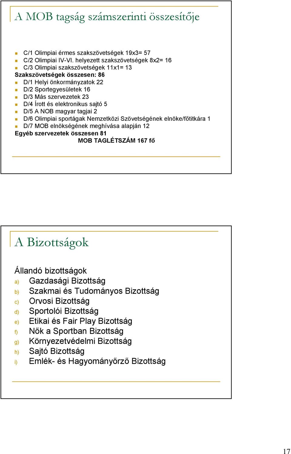 elektronikus sajtó 5 D/5 A NOB magyar tagjai 2 D/6 Olimpiai sportágak Nemzetközi Szövetségének elnöke/fıtitkára 1 D/7 MOB elnökségének meghívása alapján 12 Egyéb szervezetek összesen 81 MOB