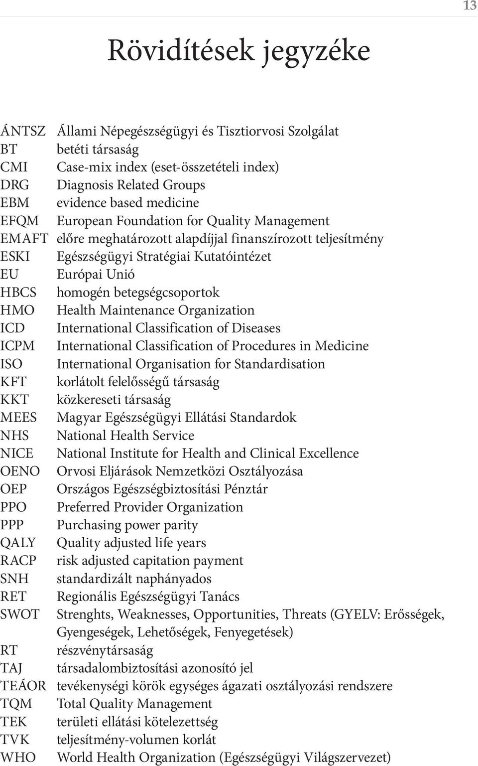 betegségcsoportok HMO Health Maintenance Organization ICD International Classification of Diseases ICPM International Classification of Procedures in Medicine ISO International Organisation for