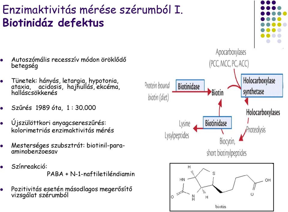 ataxia, acidosis, hajhullás, ekcéma, halláscsökkenés Szűrés 1989 óta, 1 : 30.