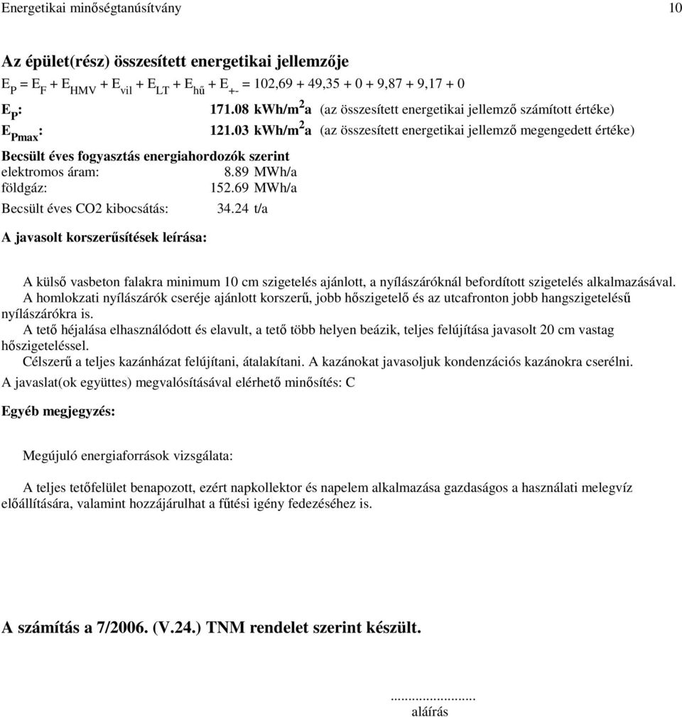 3 kwh/m 2 a (az összesített energetikai jellemző megengedett értéke) Becsült éves fogyasztás energiahordozók szerint elektromos áram: 8.89 MWh/a földgáz: 152.69 MWh/a Becsült éves CO2 kibocsátás: 34.