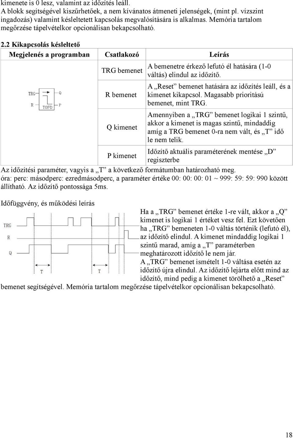 2 Kikapcsolás késleltető Megjelenés a programban Csatlakozó TRG bemenet Leírás A bemenetre érkező lefutó él hatására (1-0 váltás) elindul az időzítő.