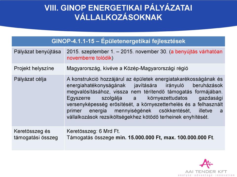 (a benyújtás várhatóan novemberre tolódik) Magyarország, kivéve a Közép-Magyarországi régió A konstrukció hozzájárul az épületek energiatakarékosságának és energiahatékonyságának javítására irányuló