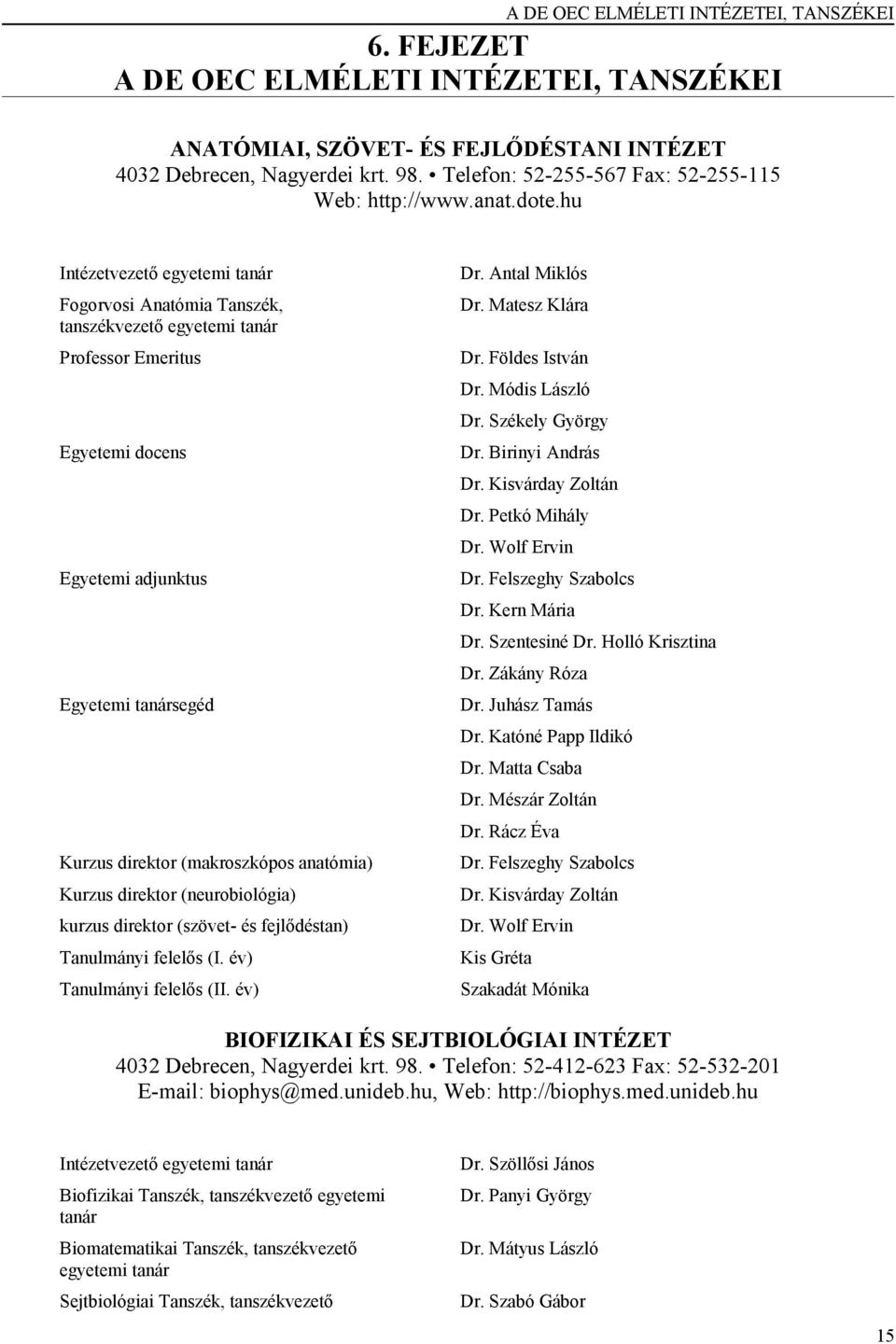 hu Intézetvezető egyetemi tanár Fogorvosi Anatómia Tanszék, tanszékvezető egyetemi tanár Professor Emeritus Egyetemi docens Egyetemi adjunktus Egyetemi tanársegéd Kurzus direktor (makroszkópos