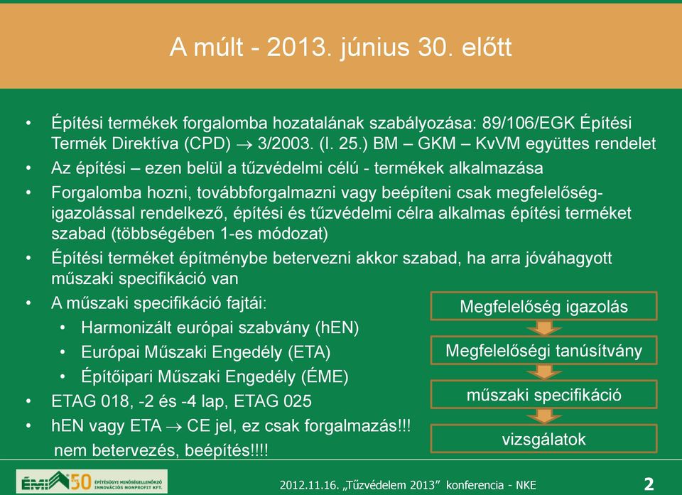 tűzvédelmi célra alkalmas építési terméket szabad (többségében 1-es módozat) Építési terméket építménybe betervezni akkor szabad, ha arra jóváhagyott műszaki specifikáció van A műszaki specifikáció