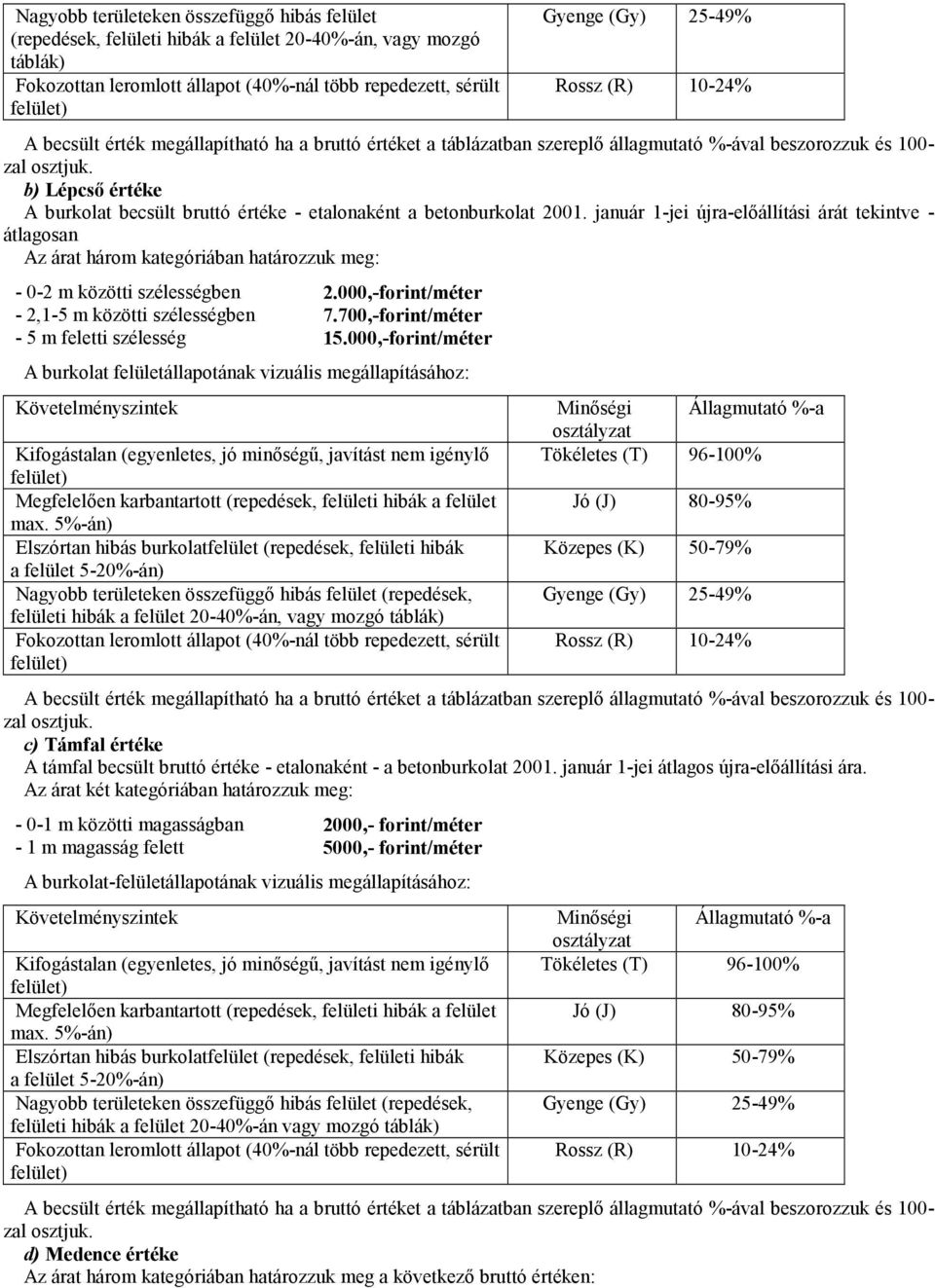 b) Lépcső értéke A burkolat becsült bruttó értéke - etalonaként a betonburkolat 2001.