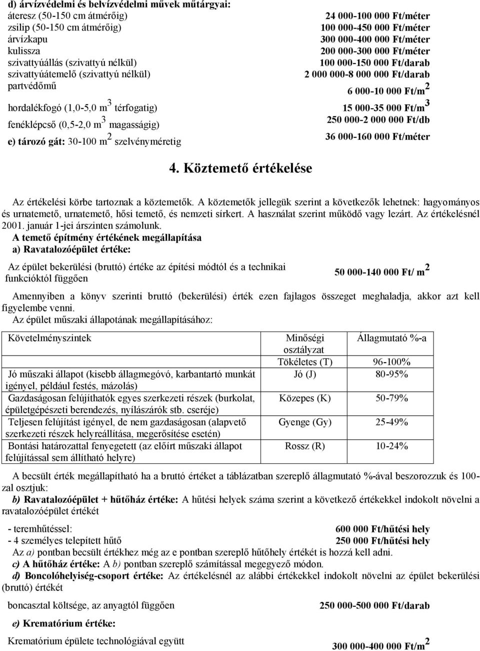 (1,0-5,0 m 3 térfogatig) 15 000-35 000 Ft/m 3 fenéklépcső (0,5-2,0 m 3 magasságig) e) tározó gát: 30-100 m 2 szelvényméretig 4.