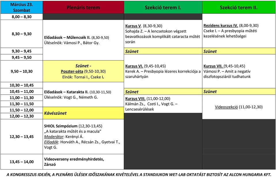 (9,45-10,45) Kerek A. Presbyopia lézeres korrekciója a szaruhártyán Rezidens kurzus IV. (8,00-9,30) Cseke I. A presbyopia műtéti kezelésének lehetőségei Kurzus VII. (9,45-10,45) Vámosi P.