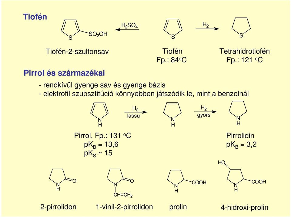 : 121 o C - rendkívül gyenge sav és gyenge bázis - elektrofil szubsztitúció könnyebben