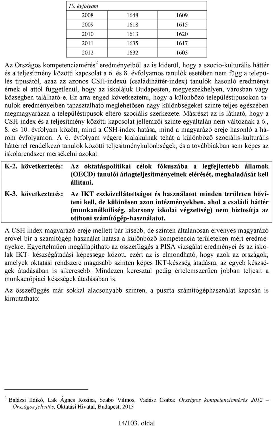 évfolyamos tanulók esetében nem függ a település típusától, azaz az azonos CSH-indexű (családiháttér-index) tanulók hasonló eredményt érnek el attól függetlenül, hogy az iskolájuk Budapesten,