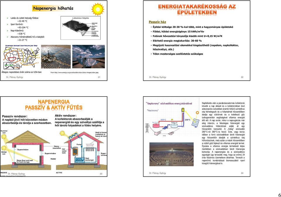 kiegészíthető (napelem, napkollektor, hőszivattyú, stb.) Télen mesterséges szellőztetés szükséges Átlagos napsütéses órák száma az USA-ban From http://www.energy.ca.