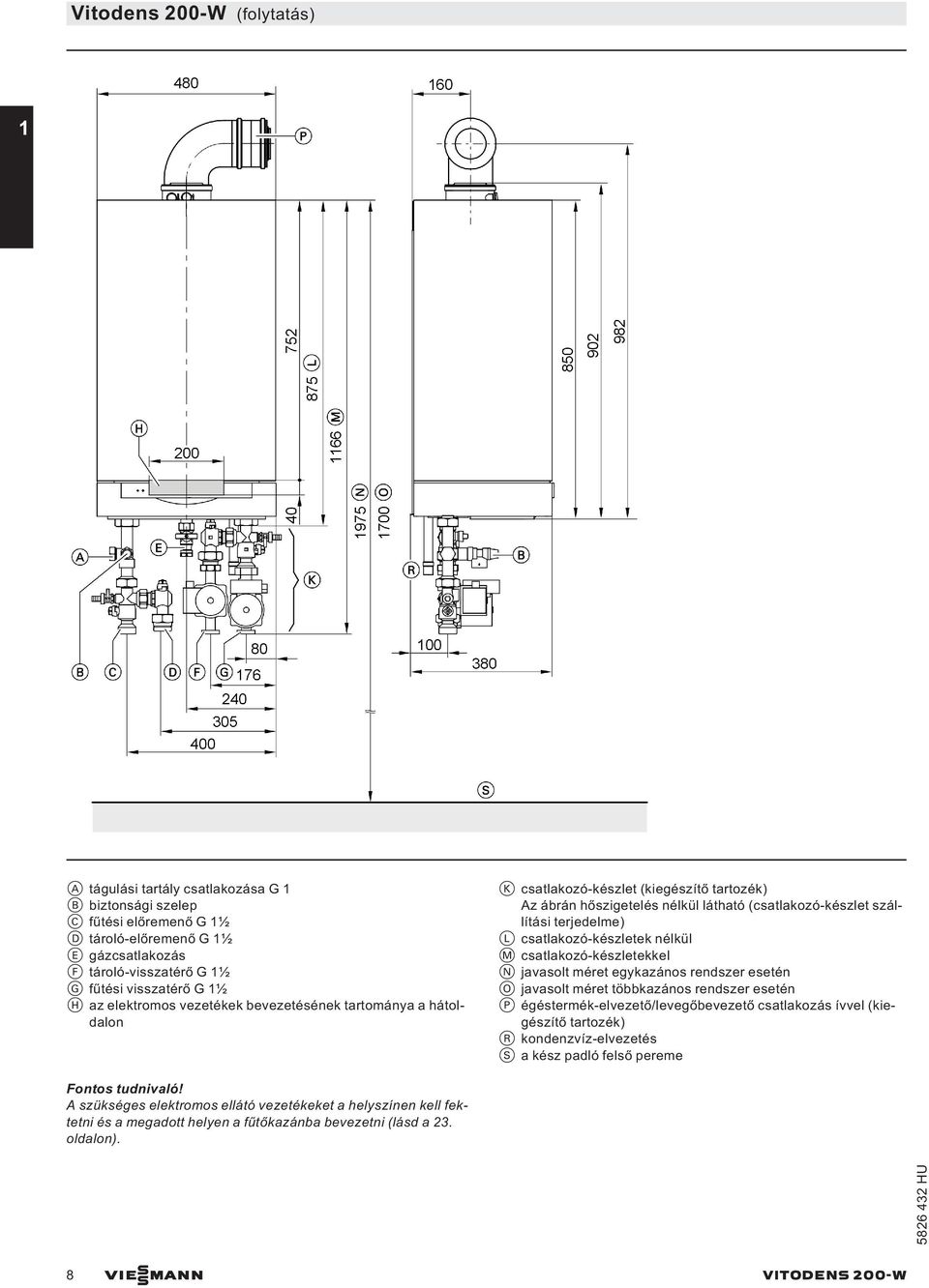 csatlakozó-készletek nélkül M csatlakozó-készletekkel N javasolt méret egykazános rendszer esetén O javasolt méret többkazános rendszer esetén P égéstermék-elvezető/levegőbevezető csatlakozás ívvel