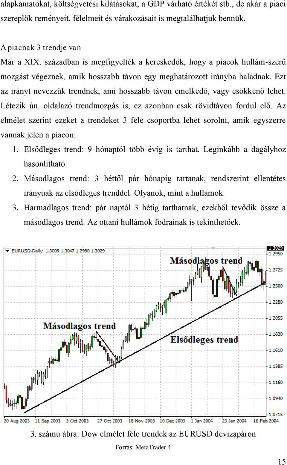 Ezt az irányt nevezzük trendnek, ami hosszabb távon emelkedő, vagy csökkenő lehet. Létezik ún. oldalazó trendmozgás is, ez azonban csak rövidtávon fordul elő.