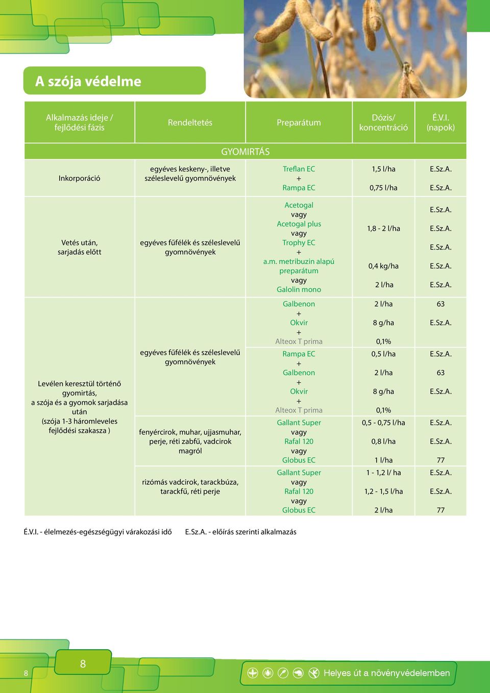 metribuzin alapú preparátum Galolin mono 1,8-0,4 kg/ha Levélen keresztül történő gyomirtás, a szója és a gyomok sarjadása után (szója 1-3 háromleveles fejlődési szakasza ) egyéves fűfélék és