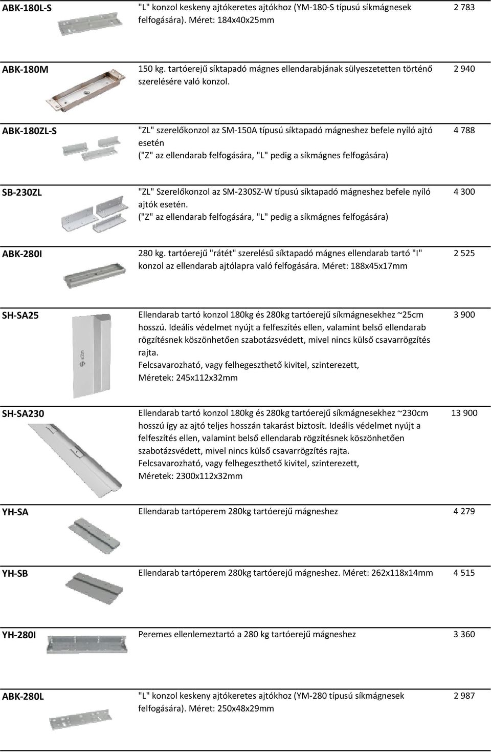 2 940 ABK 180ZL S "ZL" szerelőkonzol az SM 150A típusú síktapadó mágneshez befele nyíló ajtó esetén ("Z" az ellendarab felfogására, "L" pedig a síkmágnes felfogására) 4 788 SB 230ZL "ZL"