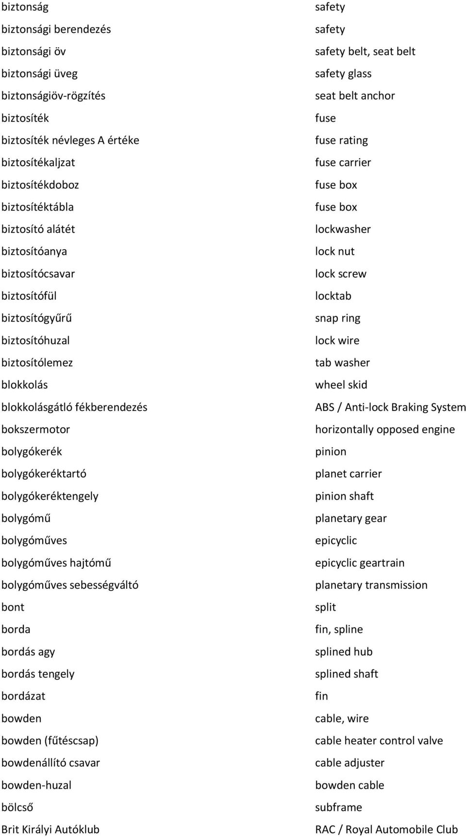 bolygóműves bolygóműves hajtómű bolygóműves sebességváltó bont borda bordás agy bordás tengely bordázat bowden bowden (fűtéscsap) bowdenállító csavar bowden-huzal bölcső Brit Királyi Autóklub safety