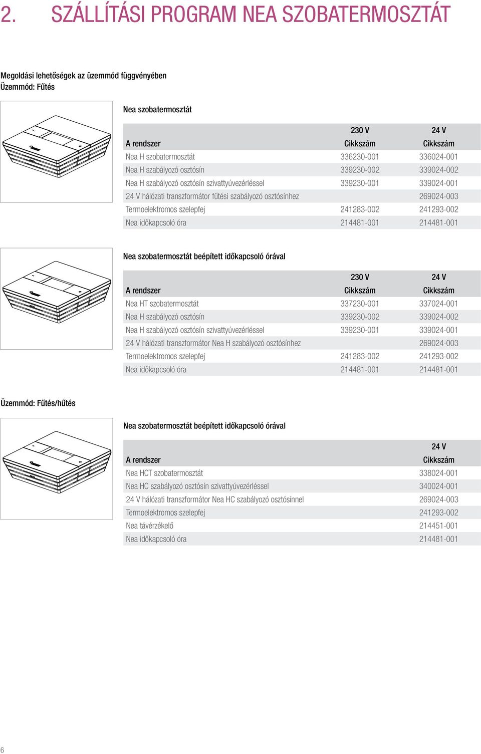 Termoelektromos szelepfej 241283-002 241293-002 Nea időkapcsoló óra 214481-001 214481-001 Nea szobatermosztát beépített időkapcsoló órával 230 V 24 V A rendszer Cikkszám Cikkszám Nea HT