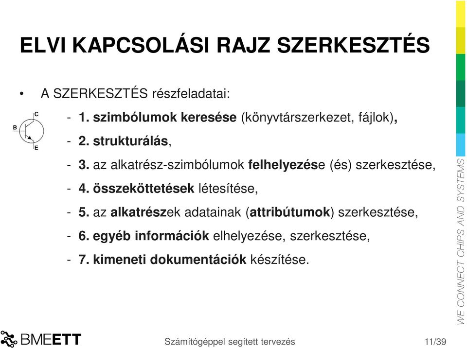 az alkatrész-szimbólumok felhelyezése (és) szerkesztése, - 4. összeköttetések létesítése, - 5.