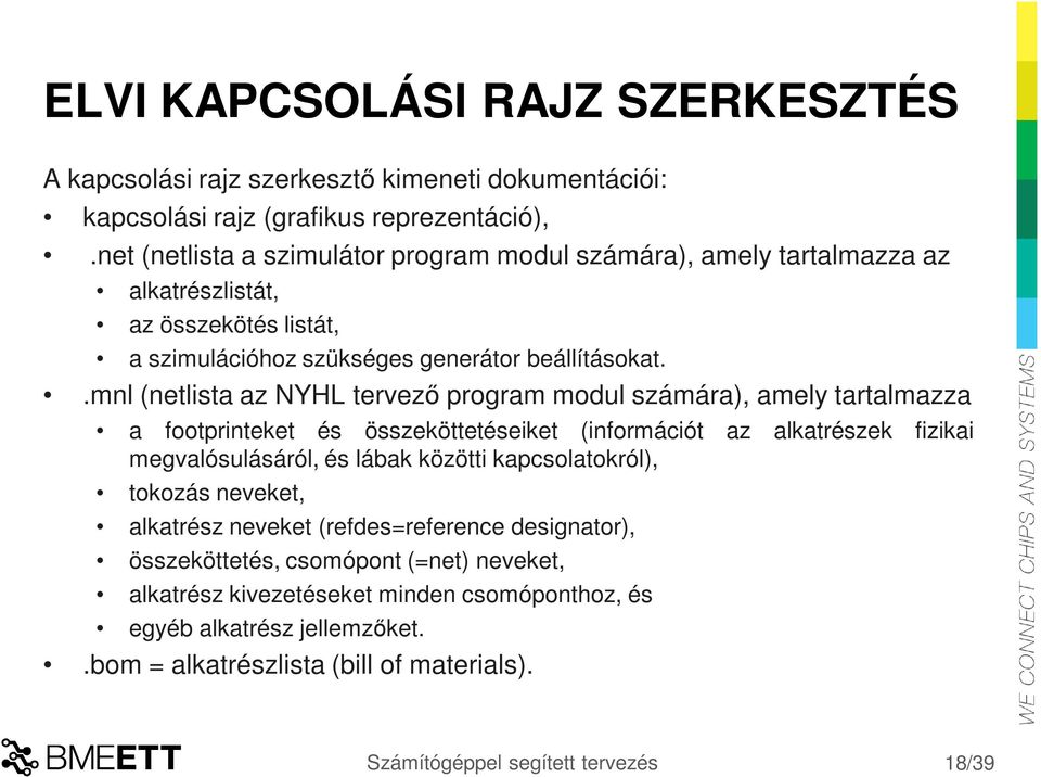 .mnl (netlista az NYHL tervező program modul számára), amely tartalmazza a footprinteket és összeköttetéseiket (információt az alkatrészek fizikai megvalósulásáról, és lábak közötti