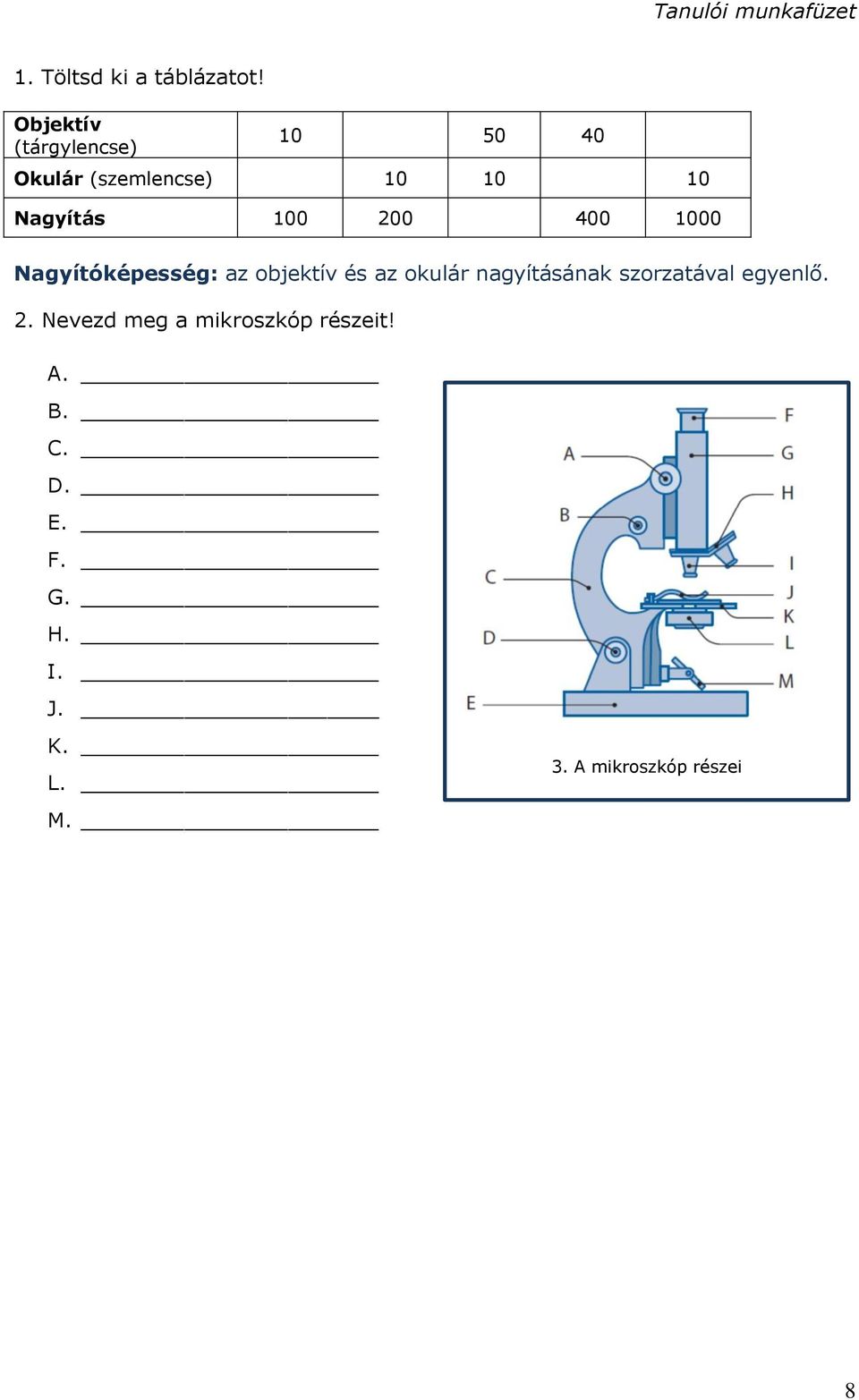 100 200 400 1000 Nagyítóképesség: az objektív és az okulár nagyításának