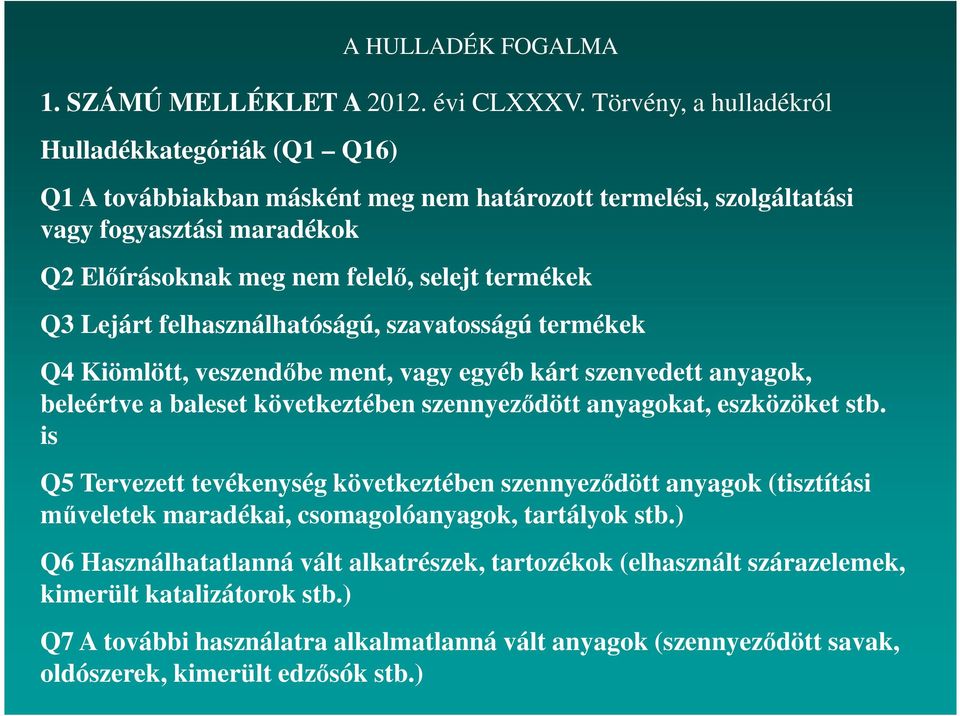 Q3 Lejárt felhasználhatóságú, szavatosságú termékek Q4 Kiömlött, veszendıbe ment, vagy egyéb kárt szenvedett anyagok, beleértve a baleset következtében szennyezıdött anyagokat, eszközöket stb.