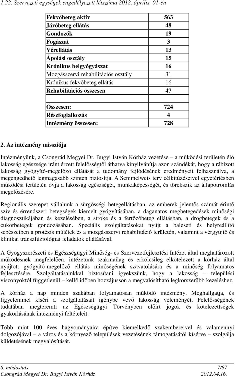 ellátás 16 Rehabilitációs összesen 47 Összesen: 724 Részfoglalkozás 4 Intézmény összesen: 728 2. Az intézmény missziója Intézményünk, a Csongrád Megyei Dr.