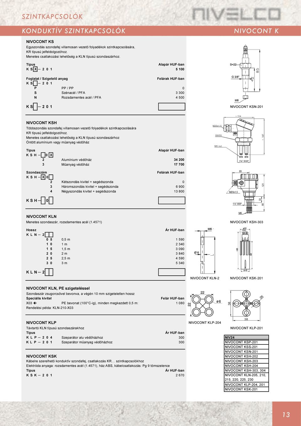 K S X 2 0 1 5 100 Foglalat / Szigetelő anyag K S 2 0 1 P PP / PP 0 S Szénacél / PFA 3 300 N Rozsdamentes acél / PFA 4 500 KS 2 0 1 NIVOCONT KSN-201 ~ 114 NIVOCONT KSH Többszondás szondafej villamosan