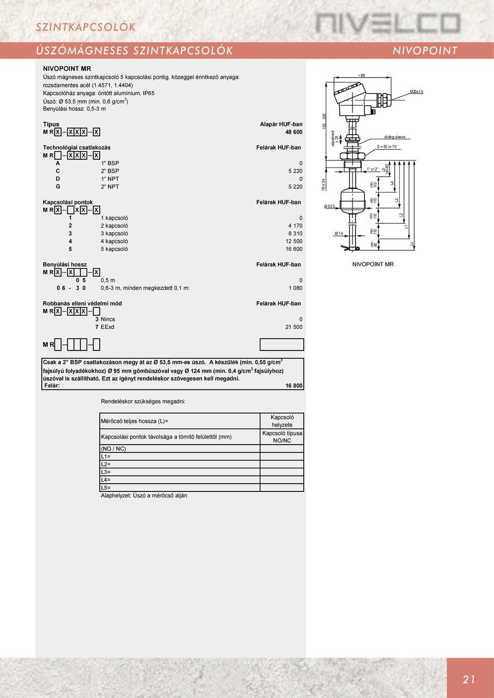 5 MRX XXX X 48 600 Technológiai csatlakozás MR XXX X A 1" BSP 0 C 2" BSP 5 220 D 1" NPT 0 G 2" NPT 5 220 Kapcsolási pontok MRX XX X 1 1 kapcsoló 0 2 2 kapcsoló 4 170 3 3 kapcsoló 8 310 4 4 kapcsoló