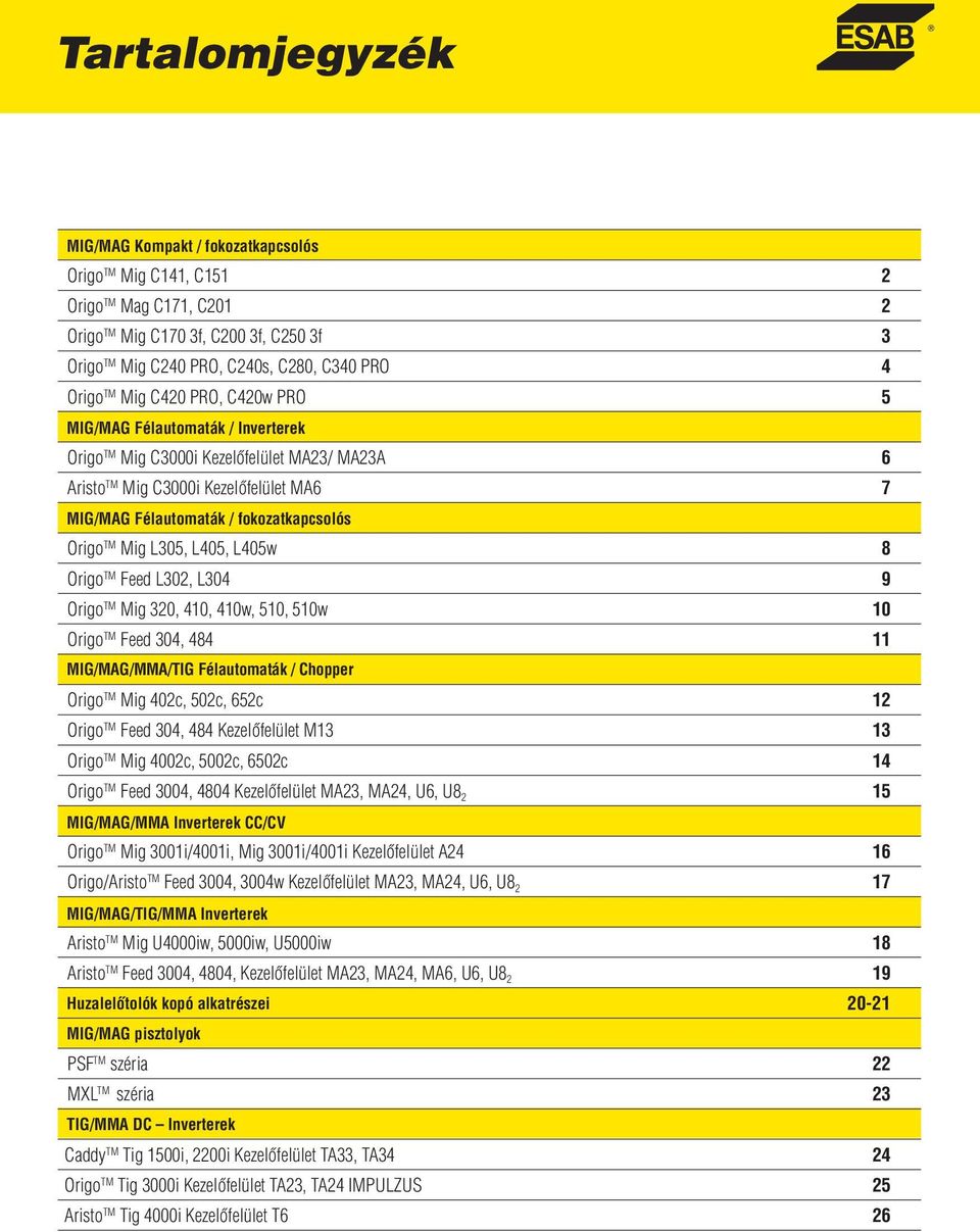 Mig L305, L405, L405w 8 Origo TM Feed L302, L304 9 Origo TM Mig 320, 410, 410w, 510, 510w 10 Origo TM Feed 304, 484 11 MIG/MAG/MMA/TIG Félautomaták / Chopper Origo TM Mig 402c, 502c, 652c 12 Origo TM