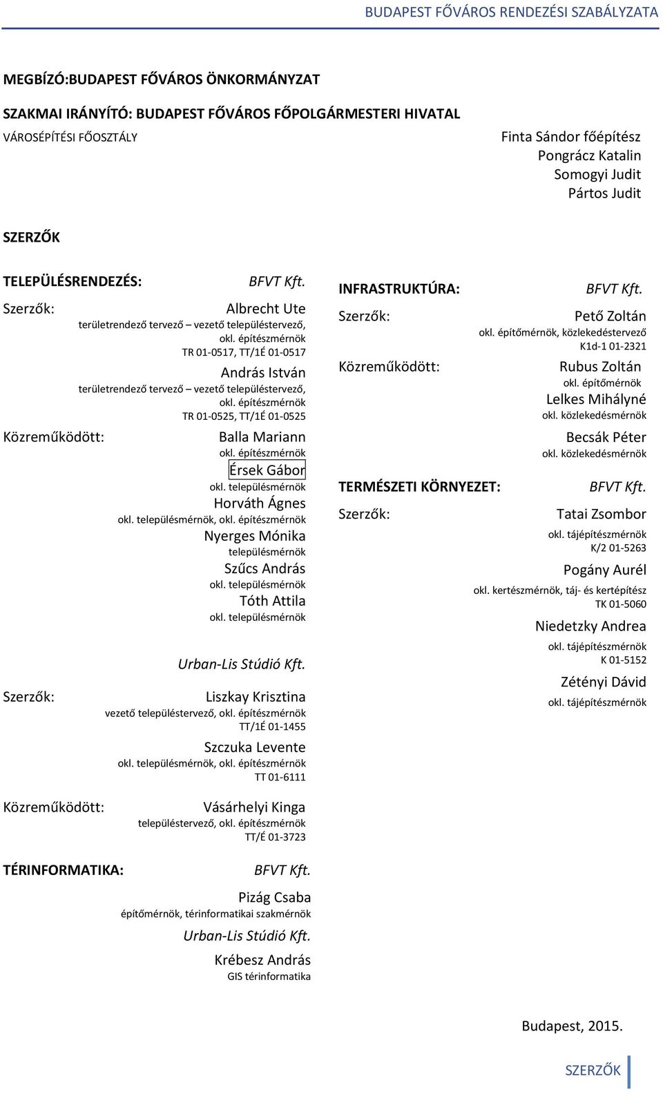 építészmérnök TR 01-0517, TT/1É 01-0517 András István területrendező tervező vezető településtervező, okl. építészmérnök TR 01-0525, TT/1É 01-0525 Balla Mariann okl. építészmérnök Érsek Gábor okl.