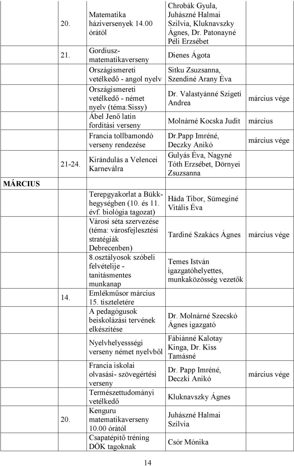 Kirándulás a Velencei Karneválra Terepgyakorlat a Bükkhegységben (10. és 11. évf. biológia tagozat) Városi séta szervezése (téma: városfejlesztési stratégiák Debrecenben) 8.