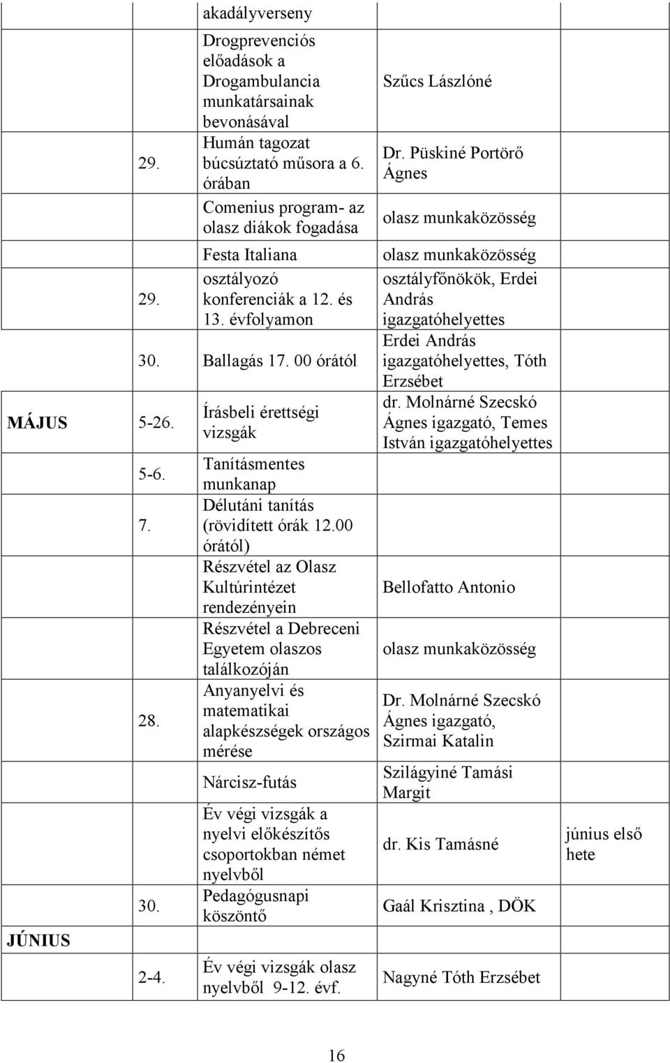 Írásbeli érettségi vizsgák Tanításmentes munkanap Délutáni tanítás (rövidített órák 12.