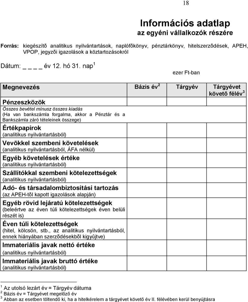 nap 1 ezer Ft-ban Megnevezés Bázis év 2 Tárgyév Tárgyévet követõ félév 3 Pénzeszközök Összes bevétel mínusz összes kiadás (Ha van bankszámla forgalma, akkor a Pénztár és a Bankszámla záró tételeinek