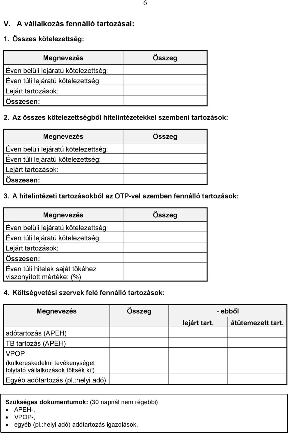 A hitelintézeti tartozásokból az OTP-vel szemben fennálló tartozások: Megnevezés Összeg Éven belüli lejáratú kötelezettség: Éven túli lejáratú kötelezettség: Lejárt tartozások: Összesen: Éven túli