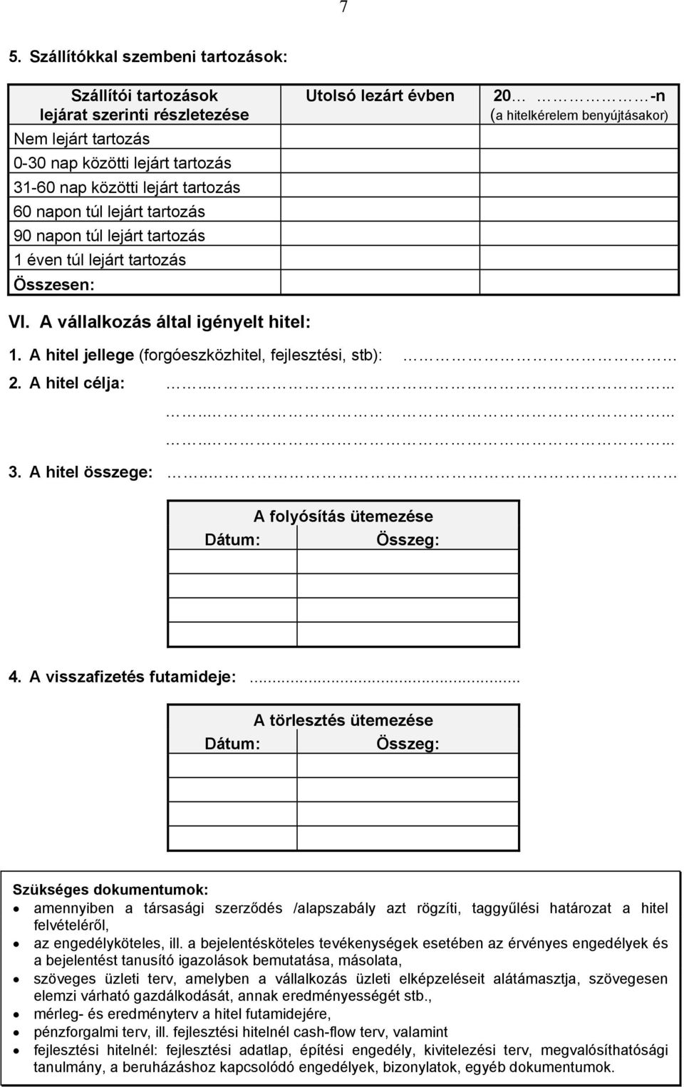 A hitel jellege (forgóeszközhitel, fejlesztési, stb): 2. A hitel célja:............... 3. A hitel összege:.. A folyósítás ütemezése Dátum: Összeg: 4. A visszafizetés futamideje:.