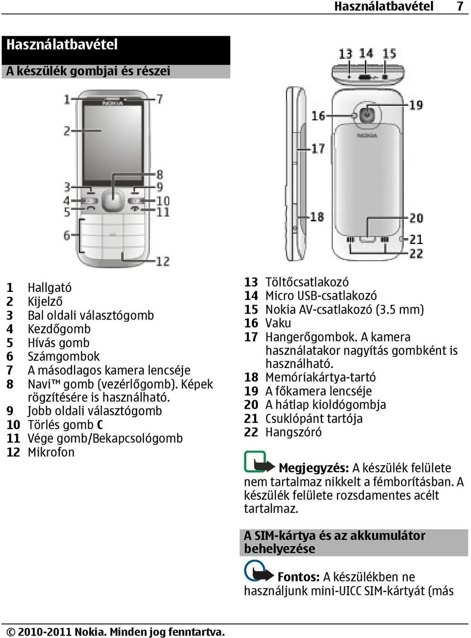 9 Jobb oldali választógomb 10 Törlés gomb C 11 Vége gomb/bekapcsológomb 12 Mikrofon 13 Töltőcsatlakozó 14 Micro USB-csatlakozó 15 Nokia AV-csatlakozó (3.5 mm) 16 Vaku 17 Hangerőgombok.