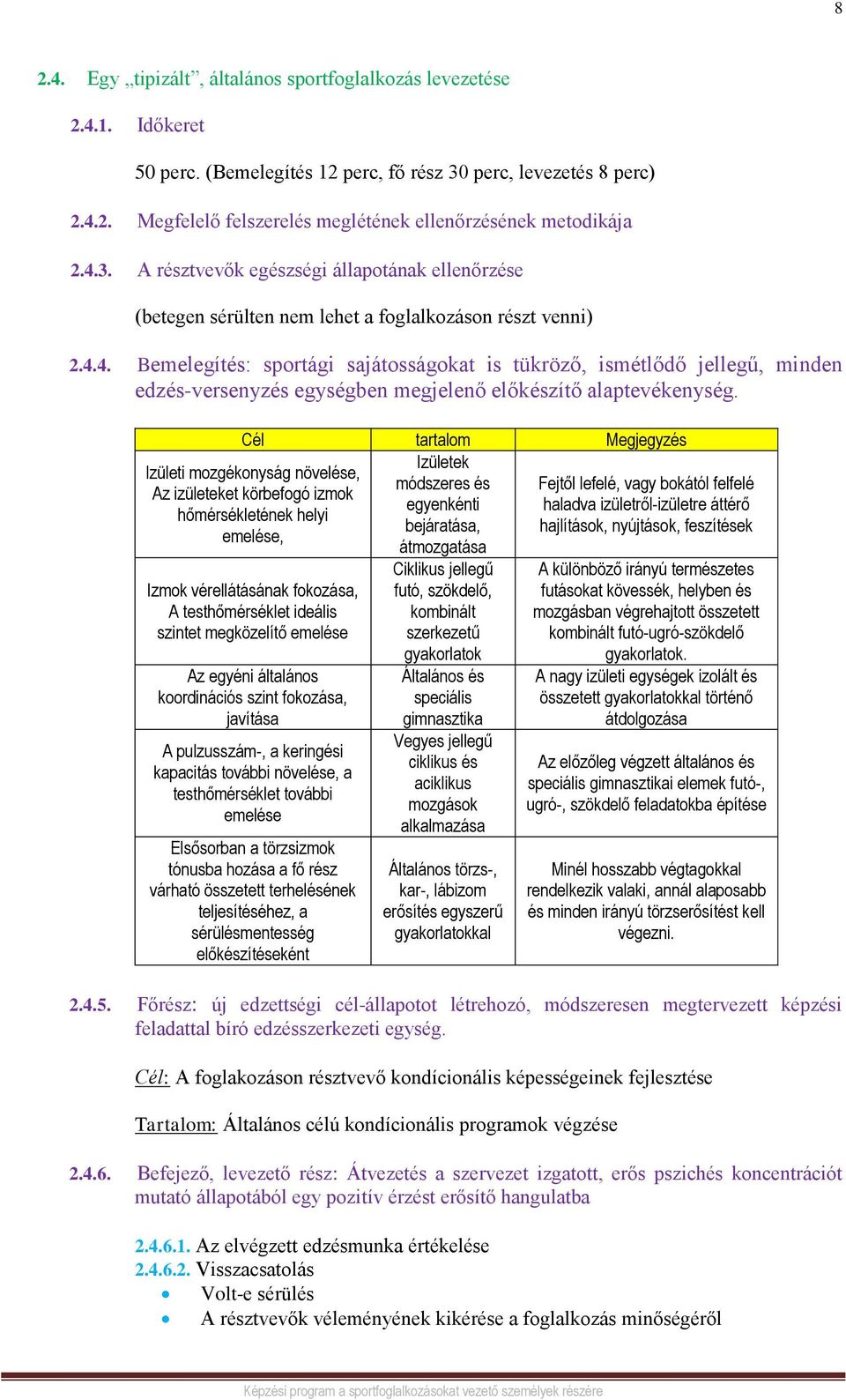 Cél tartalom Megjegyzés Izületek módszeres és egyenkénti bejáratása, átmozgatása Izületi mozgékonyság növelése, Az izületeket körbefogó izmok hőmérsékletének helyi emelése, Izmok vérellátásának