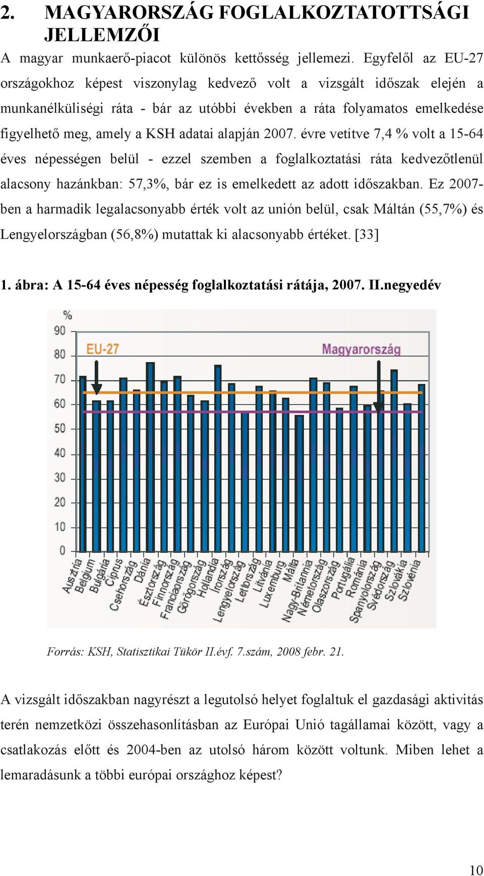 alapján 2007. évre vetítve 7,4 % volt a 15-64 éves népességen belül - ezzel szemben a foglalkoztatási ráta kedvezőtlenül alacsony hazánkban: 57,3%, bár ez is emelkedett az adott időszakban.