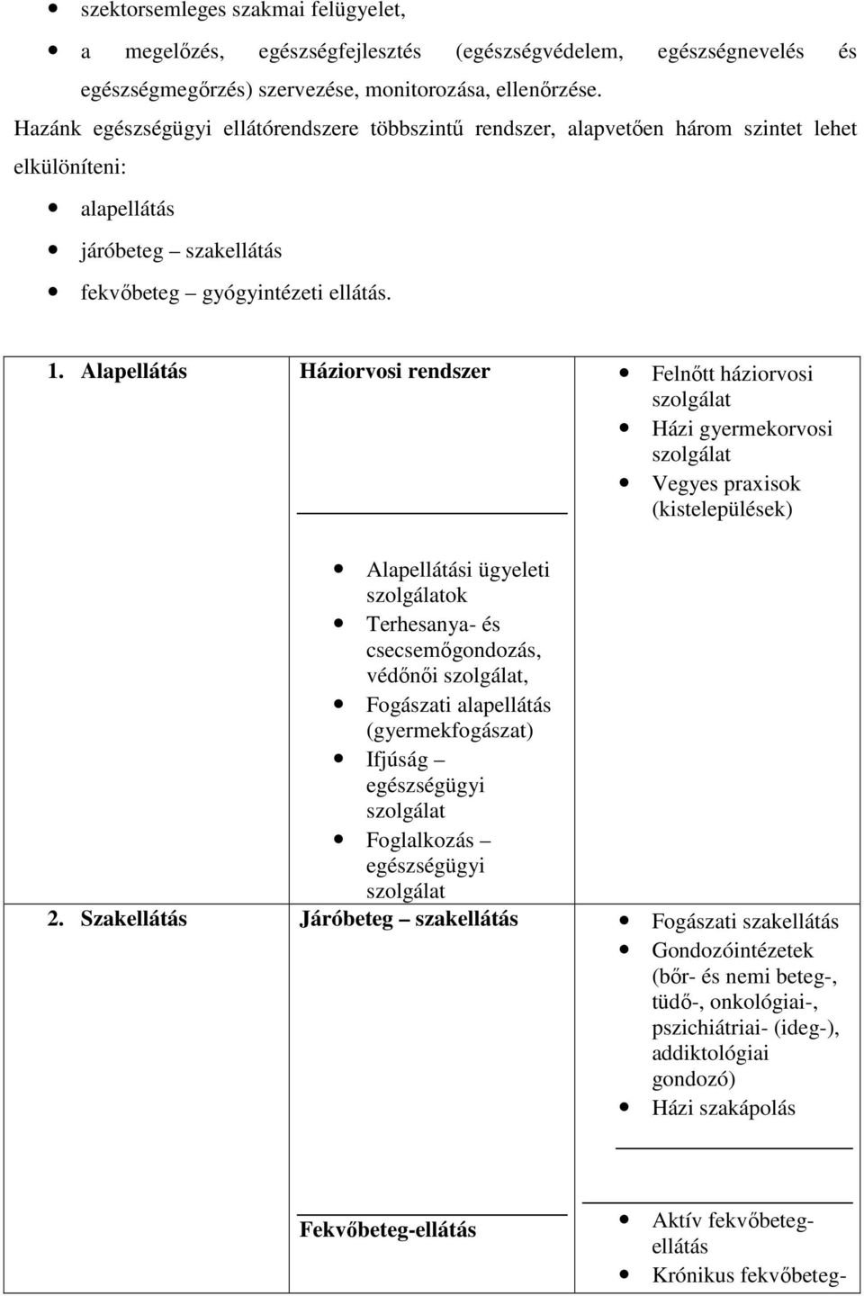 Alapellátás Háziorvosi rendszer Alapellátási ügyeleti ok Terhesanya- és csecsemőgondozás, védőnői, Fogászati alapellátás (gyermekfogászat) Ifjúság egészségügyi Foglalkozás egészségügyi 2.
