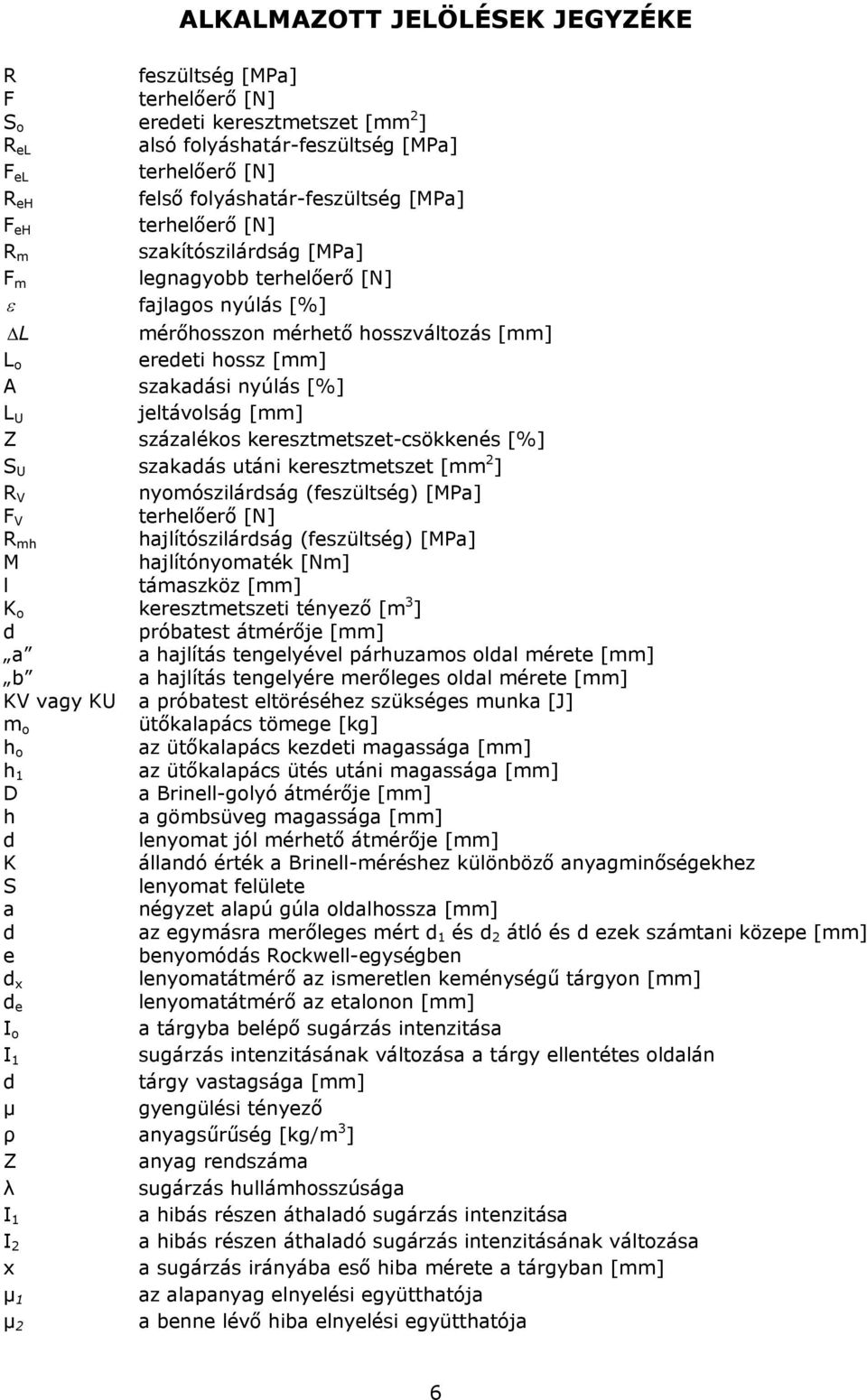 jeltávolság [mm] Z százalékos keresztmetszet-csökkenés [%] S U szakadás utáni keresztmetszet [mm 2 ] R V nyomószilárdság (feszültség) [MPa] F V terhelőerő [N] R mh hajlítószilárdság (feszültség)