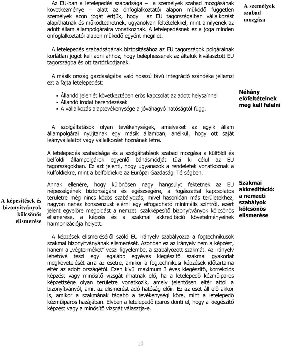 A személyek szabad mozgása A letelepedés szabadságának biztosításához az EU tagországok polgárainak korlátlan jogot kell adni ahhoz, hogy beléphessenek az általuk kiválasztott EU tagországba és ott